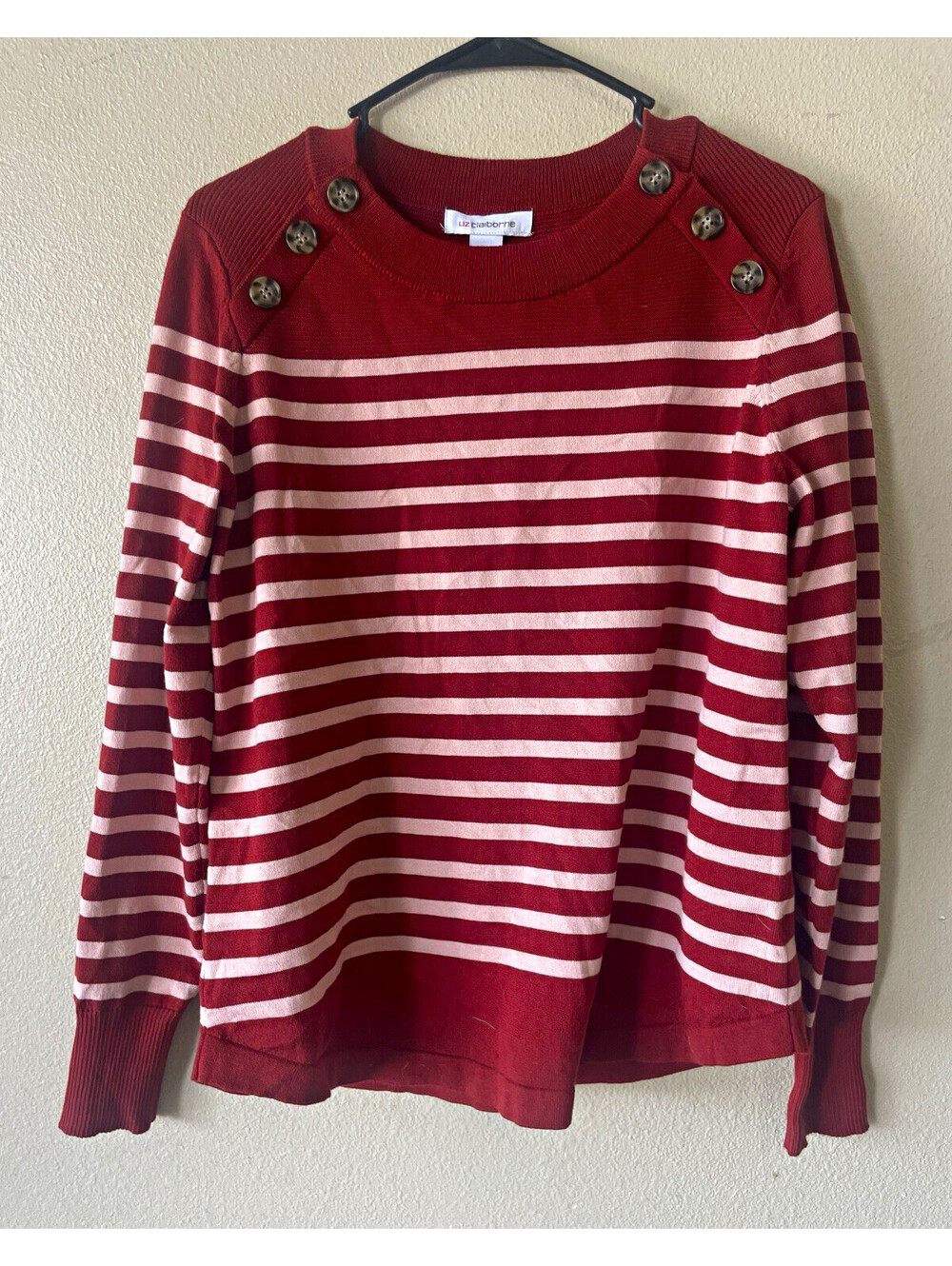 Liz Claiborne sweater women L Red ivory striped crewneck long sleeve button